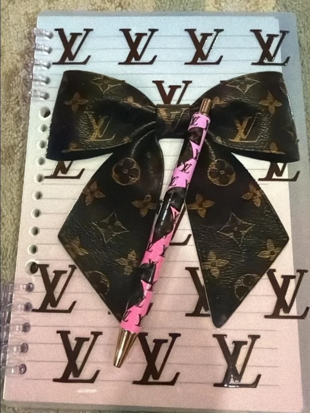 Designer-Inspired Pink & Brown Bow Pen and Ombre Notebook Set Refillable